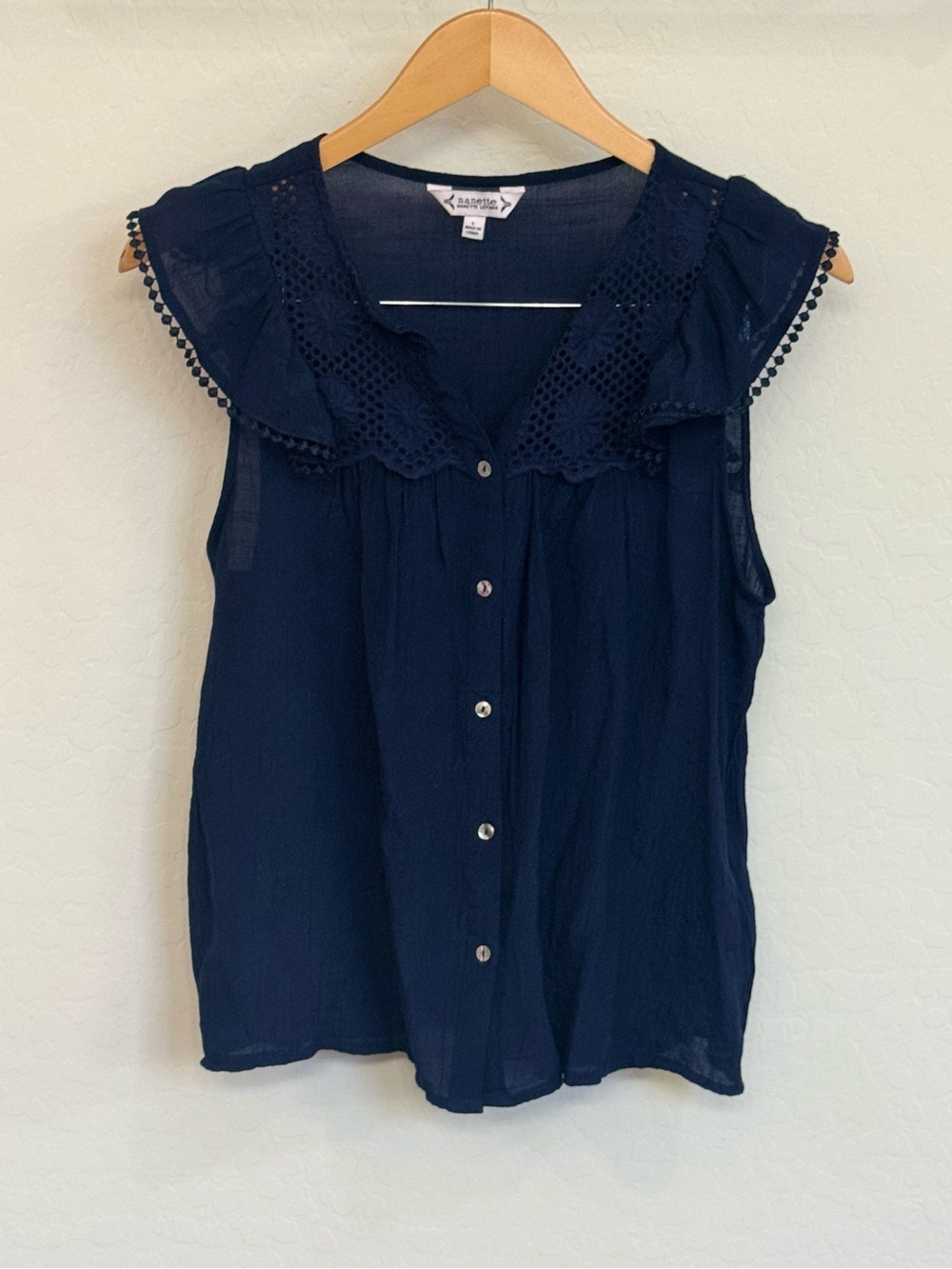 Nanette Lepore Navy Blue Crochet Eyelet Ruffle Sleeve Button Down Blouse Top L